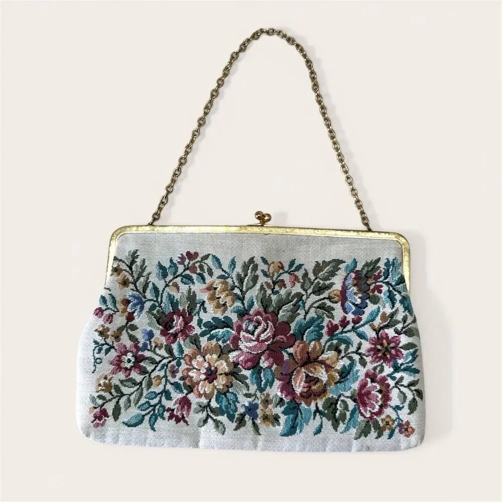 Vtg Needlepoint Tapestry Bag Handmade Floral Grandmacore 50s MCM Evening Classy
